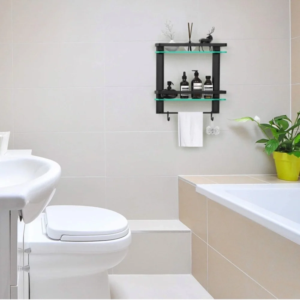 Tempered Glass Bathroom Shelf, 2 Tier Shelf with Towel bar Wall Mounted